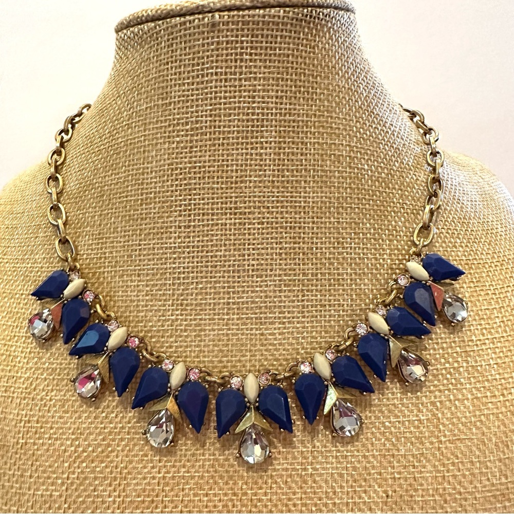 J. CREW Statement Necklace gold tone w/ jewels ~ blue, light green & clear